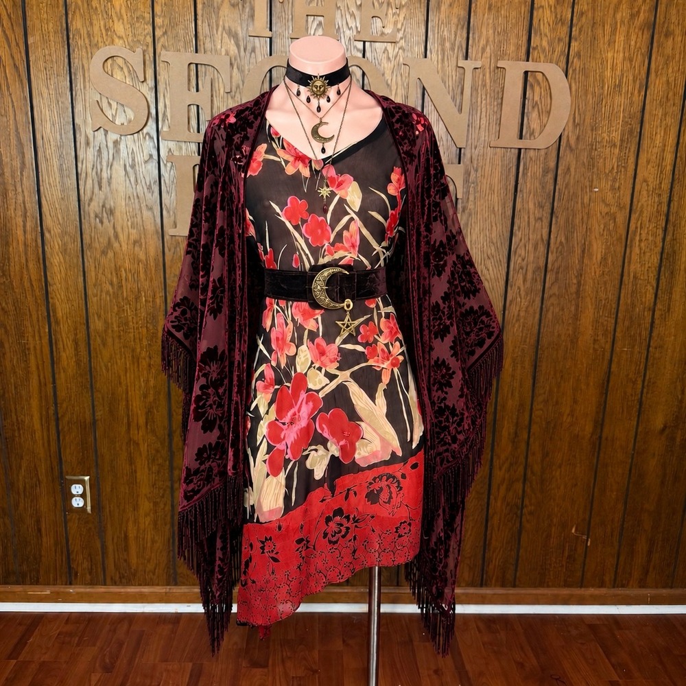 90s Black Red Sheer Floral Asymmetrical Dress Lola P Women L Boho Whimsigoth